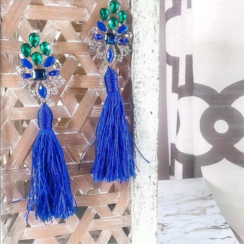 Blue Tassel Fringe Statement Earrings